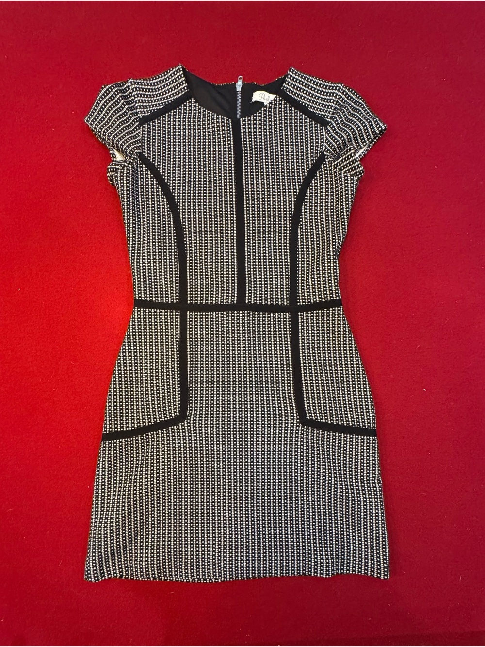 Parker Brand Black and White Patterned Cap-Sleeve Sheath Bodycon Dress